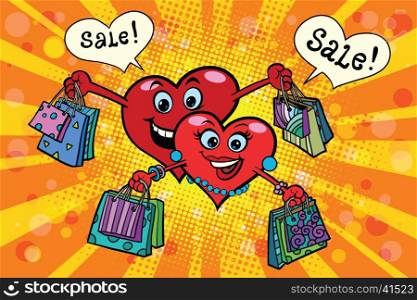 Holiday sales on Valentines day, pop art retro comic book illustration. Valentine red hearts. Love couple male and female character