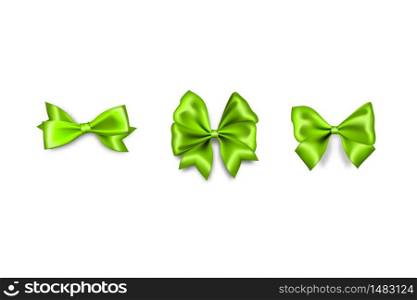 Holiday satin christmas green gift bow knot ribbon. Birthday realistic design isolated vector. Silk shiny textile sale tape.. Holiday satin gift bow knot ribbon