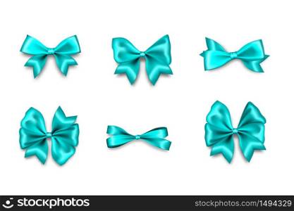 Holiday satin gift blue bow knot ribbon. Birthday realistic design isolated vector. Silk shiny textile sale tape.. Holiday satin gift bow knot ribbon