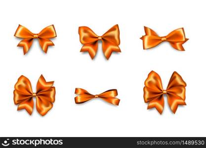 Holiday satin orange, gold gift bow knot ribbon. Birthday realistic design isolated vector. Silk shiny textile sale tape.. Holiday satin gift bow knot ribbon orange gold