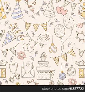 Holiday seamless pattern. Christmas balls, decor, balloons, flower, gifts and garlands on light beige background. Vector illustration in doodle style for wallpaper, packaging, festive design, textile