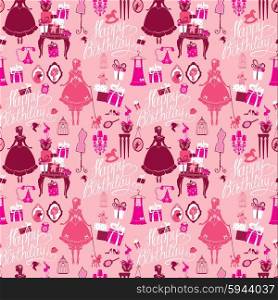 Holiday Seamless pattern for girls. Princess Room - glamour accessories, gift boxes, pictures. Princess - silhouettes on pink background. Handwritten calligraphic text Happy Birthday.