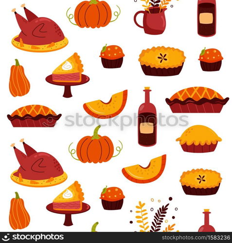 Holiday seamless pattern for Thanksgiving day with delicious food. Vector illustration, background. Holiday seamless pattern for Thanksgiving day with delicious food