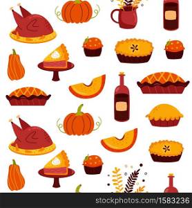 Holiday seamless pattern for Thanksgiving day with delicious food. Vector illustration, background. Holiday seamless pattern for Thanksgiving day with delicious food