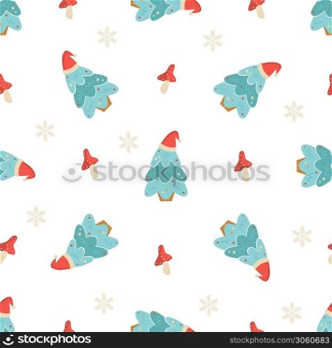 Holiday seamless pattern with Christmas trees and decorative elements. New Year design for wrapping paper, gift boxes, fabric.. Holiday seamless pattern with Christmas trees and decorative elements.