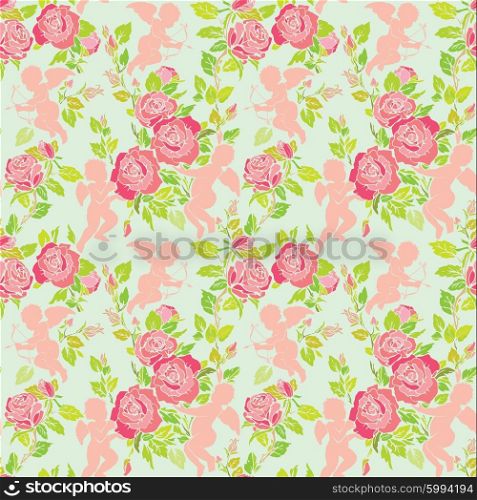 Holiday Seamless pattern with cute angels and pink roses flowers. Background for Happy Valentines Day, wedding vintage design.