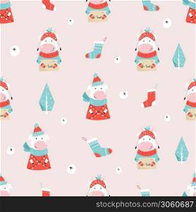 Holiday seamless pattern with cute cows and decorative elements. New Year design for wrapping paper, gift boxes, fabric.. Holiday seamless pattern with cute cows and decorative elements.