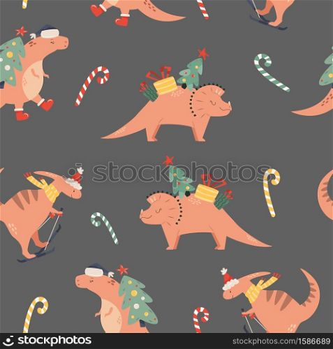 Holiday seamless pattern with cute dinos and decorative elements in a flat style. Christmas background for greeting cards, clothing, wrapping paper, decorations. Holiday seamless pattern with cute dinos and decorative elements. Christmas design for clothing, decorations