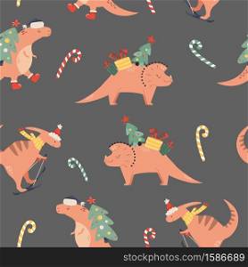 Holiday seamless pattern with cute dinos and decorative elements in a flat style. Christmas background for greeting cards, clothing, wrapping paper, decorations. Holiday seamless pattern with cute dinos and decorative elements. Christmas design for clothing, decorations