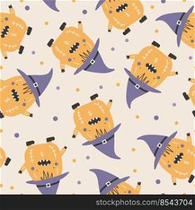 Holiday seamless pattern with funny characters pumpkins. Halloween vector illustration. Creative childish texture in scandinavian style. Great for fabric, textile.. Holiday seamless pattern with funny characters pumpkins. Halloween vector illustration. Creative childish texture in scandinavian style. Great for fabric, textile