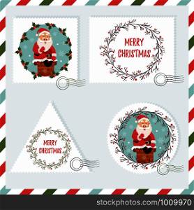 Holiday set of backgrounds. stamps with Santa going down to chimney.. Holiday set of backgrounds. stamps with Santa going down to chimney
