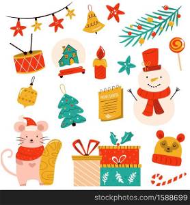 Holiday set with cute characters and decorative Christmas elements. Festive vector illustrations.. Holiday set with cute characters and decorative Christmas elements. Festive vector illustrations