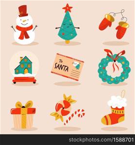 Holiday set with cute characters and decorative Christmas elements. Festive vector illustrations.. Holiday set with cute characters and decorative Christmas elements. Festive vector illustrations