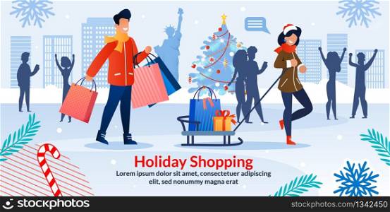Holiday Shopping Christmas Sale Invitation Flat Poster. Cartoon Married Man and Woman Couple Characters Carrying Paper Bags with Purchases, Xmas Presents on Sleigh in Hands. Vector Illustration. Holiday Shopping Christmas Sale Invitation Poster