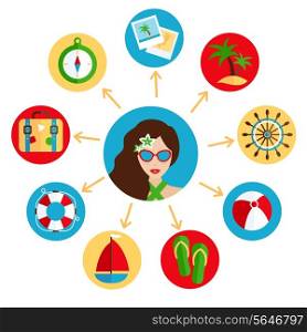 Holiday summer beach vacation tourism icons set with woman avatar vector illustration