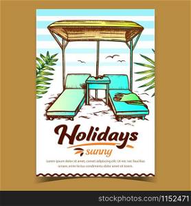 Holiday Sunny Beach Advertising Banner Vector. Deck Chairs Under Canopy On Beach. Towel And Sunglasses On Wooden Table, Green Leaves Branch And Gulls. Luxury Lounge Resort Zone Illustration. Holiday Sunny Beach Advertising Banner Vector