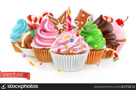 Holiday. Sweet dessert. Cake, cupcake. 3d realistic vector