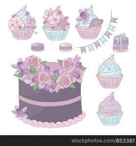 HOLIDAY SWEETS Floral Birthday Dessert Vector Illustration Set