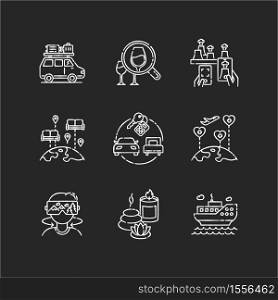 Holiday tourism chalk white icons set on black background. Vacation adventures and recreational activities. Luxury package tours services and budget travel. Isolated vector chalkboard illustrations. Holiday tourism chalk white icons set on black background