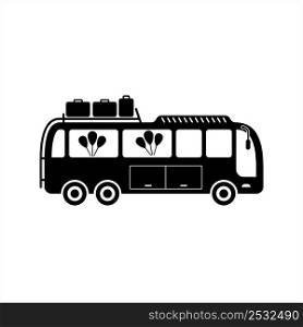 Holiday Trip Bus Icon, Adventure, Leisure Trip On Bus Vector Art Illustration