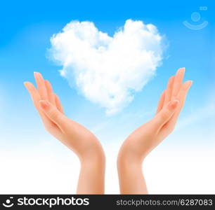 Holiday valentine background with hands holding heart shaped cloud. Valentine&rsquo;s holiday background. Vector