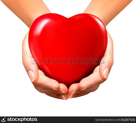 Holiday valentine background with hands holding red heart. Vector