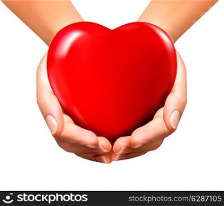 Holiday valentine background with hands holding red heart. Vector