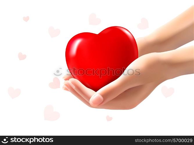 Holiday valentine background with two hands holding red heart. Vector
