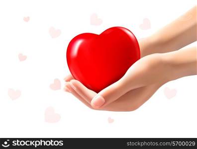 Holiday valentine background with two hands holding red heart. Vector