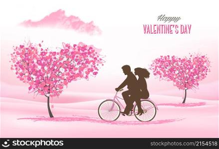 Holiday Valentine&rsquo;s Day background. Couple in love on a bicycle and heart shaped tree with heart-shaped leaves. Vector