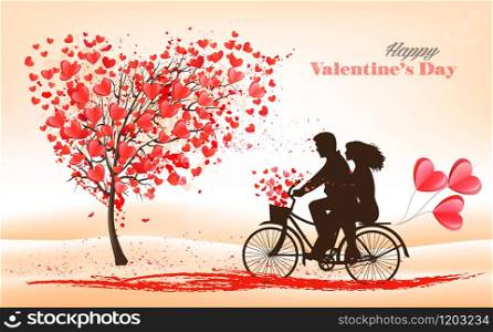 Holiday Valentine&rsquo;s Day background. Tree with heart-shaped leaves and bicycle with couple in Love. Vector.