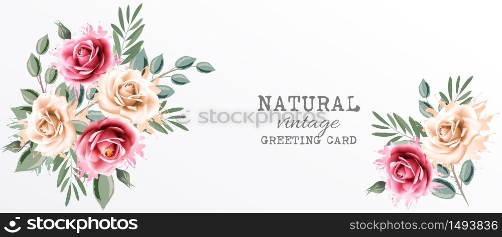 Holiday vintage greeting card with colorful flowers. Vector.