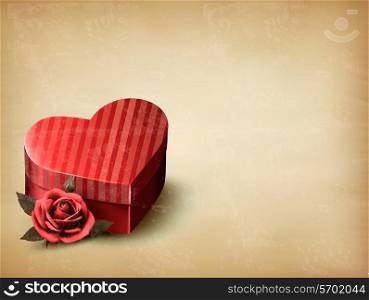 Holiday vintage Valentine`s day background. Red rose with red heart-shaped gift box. Vector illustration.