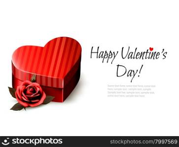 Holiday vintage Valentine`s day background. Red rose with red heart-shaped gift box. Vector