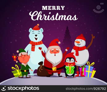 Holiday winter background. Christmas characters santa penguin white arctic bear character snow wildlife animals in cartoon style vector. Illustration of santa character greeting merry christmas. Holiday winter background. Christmas characters santa penguin white arctic bear character snow wildlife animals in cartoon style vector