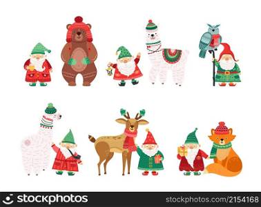 Holiday winter characters. Christmas dwarfs with animals in knit hats and scarves. Isolated scandi cartoon man with white beard vector set. Illustration of winter animal, elf and lama, owl and bear. Holiday winter characters. Christmas dwarfs with animals in knit hats and scarves. Isolated scandi cartoon man with white beard vector set