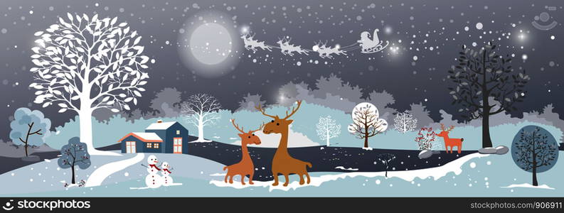 Holiday winter landscape with mountains,snow falling, winter tree, snow man, mommy and son reindeers,Merry Christmas landscape background, Vector illustration