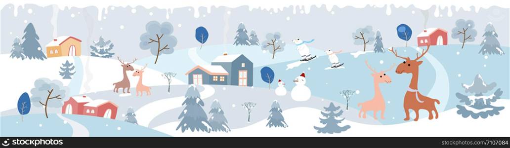 Holiday winter landscape with mountains,snow falling, winter tree, snow man,polar bear playing ice skates,mommy and son reindeers,Merry Christmas landscape background, Vector illustration
