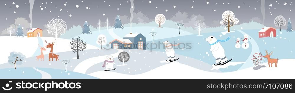 Holiday winter landscape with mountains,snow falling, winter tree, snow man,polar bear playing ice skates,mommy and son reindeers,Merry Christmas landscape background, Vector illustration