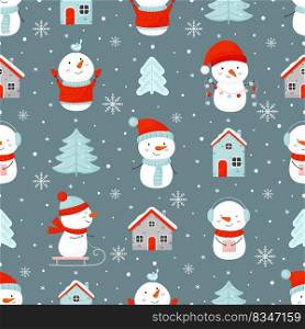 Holiday winter seamless pattern with funny snowmen, houses and Christmas trees. Vector illustration. Holiday winter seamless pattern with funny snowmen, houses and Christmas trees.