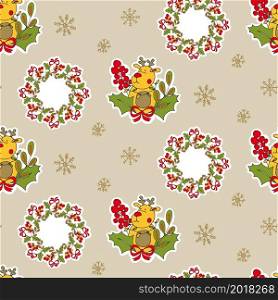 Holiday wreath, reindeer and snowflakes hand drawn on beige background. New Years Eve background. Christmas holiday pattern. Vector illustration.. Holiday wreath, reindeer and snowflakes hand drawn