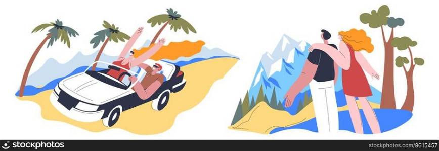 Holidays and vacation summertime rest and relaxation. People traveling to mountains and coast. People driving car by range and palms. Hiking and trekking couple looking. Vector in flat style. Summer vacations by mountains and seaside vector