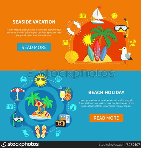 Holidays At Seaside Banners. Vacation travel flat horizontal banners collection with summer beach recreation pictogram silhouettes and read more button vector illustration