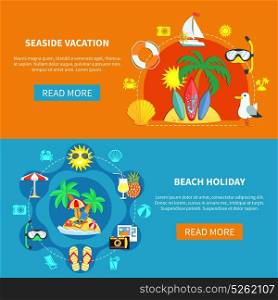 Holidays At Seaside Banners. Vacation travel flat horizontal banners collection with summer beach recreation pictogram silhouettes and read more button vector illustration