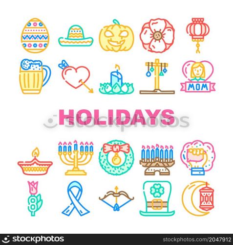 Holidays Celebration Accessories Icons Set Vector. Mother And 8th March International Women Day, Holi And Halloween, Christmas And Chinese New Year Celebrate Holidays Line. Color Illustrations. Holidays Celebration Accessories Icons Set Vector