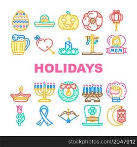 Holidays Celebration Accessories Icons Set Vector. Mother And 8th March International Women Day, Holi And Halloween, Christmas And Chinese New Year Celebrate Holidays Line. Color Illustrations. Holidays Celebration Accessories Icons Set Vector
