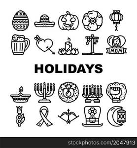 Holidays Celebration Accessories Icons Set Vector. Mother And 8th March International Women Day, Holi And Halloween, Christmas And Chinese New Year Celebrate Holidays Black Contour Illustrations. Holidays Celebration Accessories Icons Set Vector