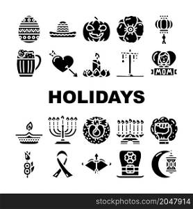 Holidays Celebration Accessories Icons Set Vector. Mother And 8th March International Women Day, Holi And Halloween, Christmas Chinese New Year Celebrate Holidays Glyph Pictograms Black Illustrations. Holidays Celebration Accessories Icons Set Vector