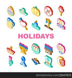 Holidays Celebration Accessories Icons Set Vector. Mother And 8th March International Women Day, Holi And Halloween, Christmas Chinese New Year Celebrate Holidays Isometric Sign Color Illustrations. Holidays Celebration Accessories Icons Set Vector