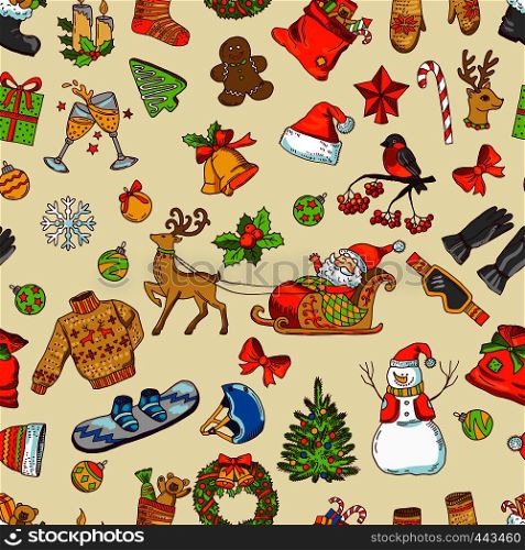 Holidays funny pictures. Vector seamless pattern with christmas icons. Xmas and new yeat background illustration. Holidays funny pictures. Vector seamless pattern with christmas icons